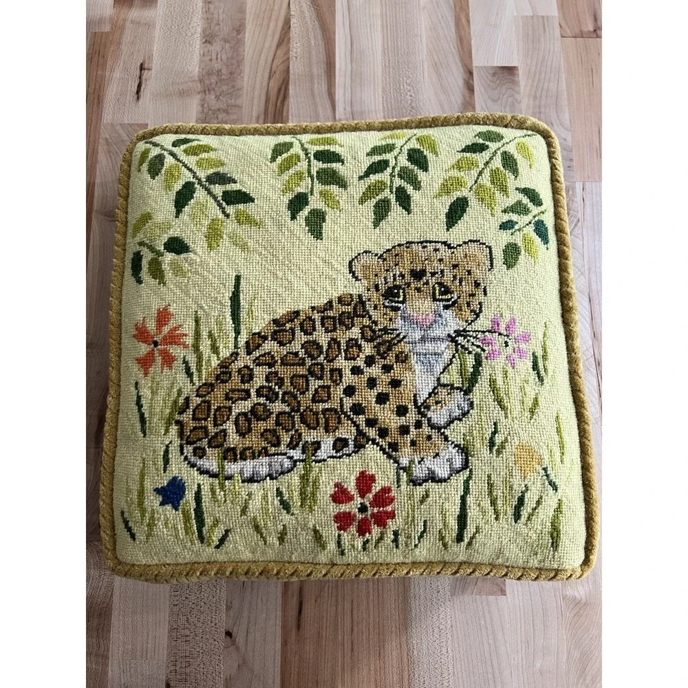 Vintage Needlepoint Pillow Ribbed Velvet Baby Cheetah Leopard Flowers 12 x 12